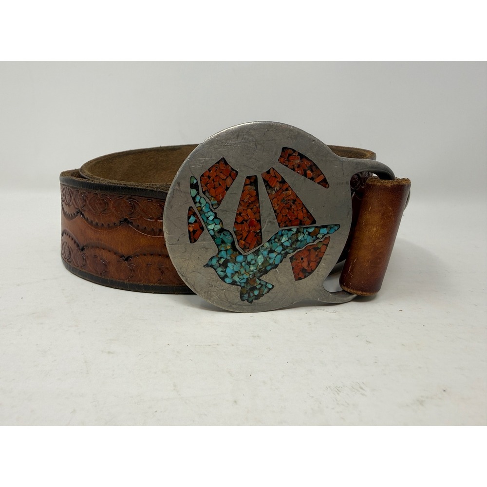Indiana Metal Craft Bird Inlay Belt Buckle L XL Turquoise Tooled Leather Brown